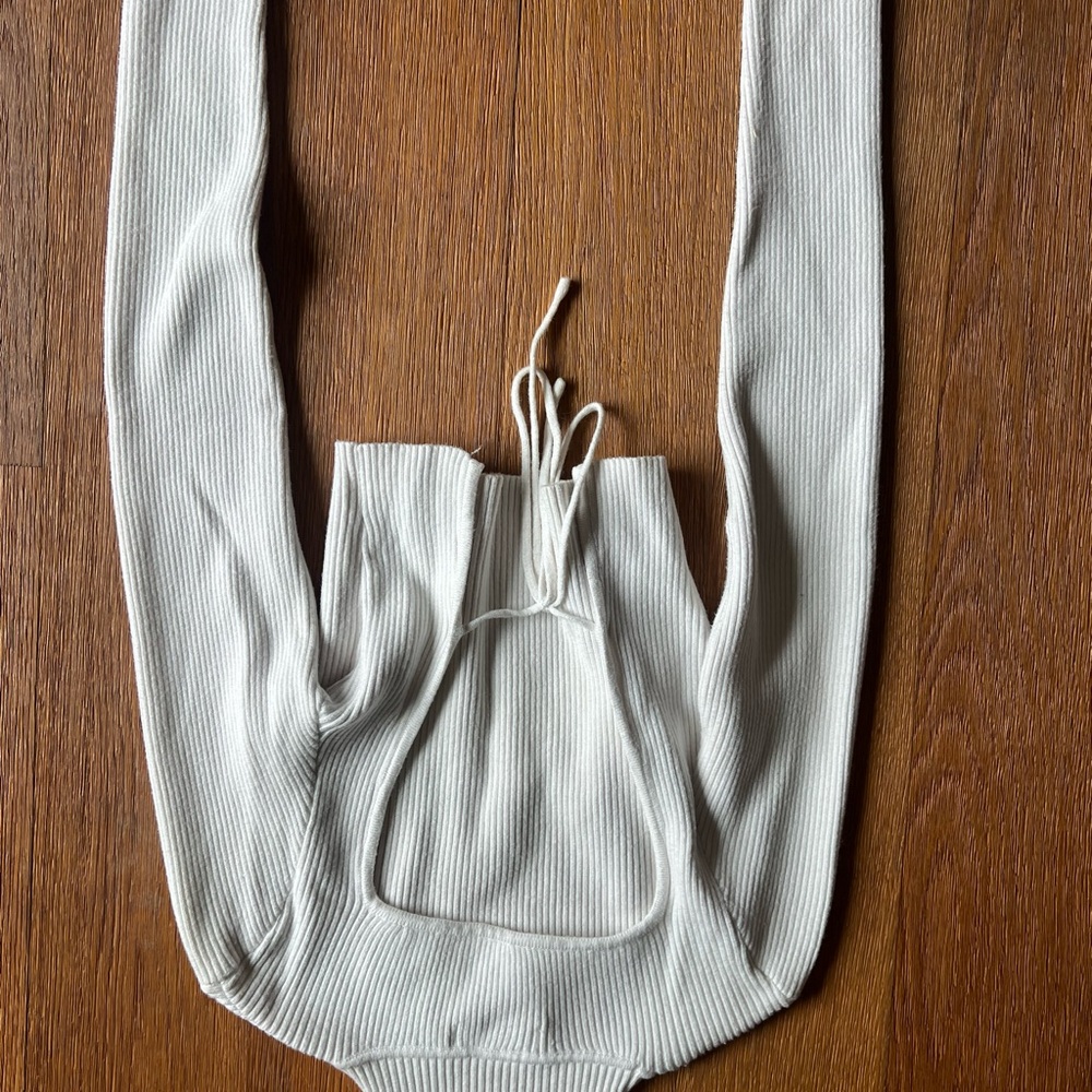 White Ribbed Long Sleeve sweater Top with back cut out and tie size small
